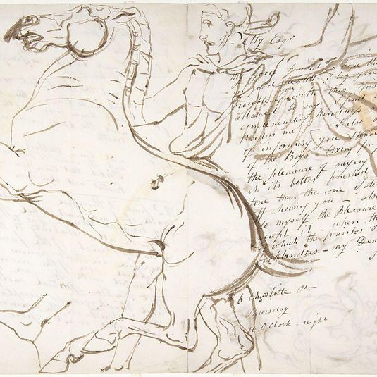 Rearing Horse and Trainer, drawn on a letter. Verso: Studies of Women and Children
