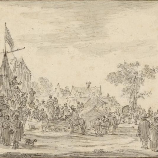 A Village Festival with Musicians Playing Outside a Tent