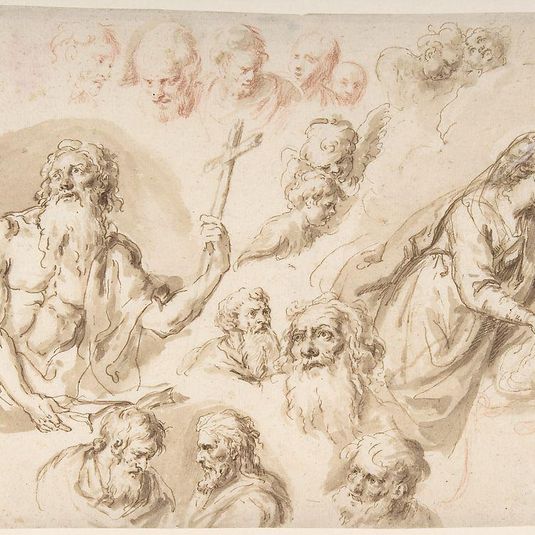 Study for a Nativity, Bearded Male Saint, and Head Studies (recto); Two Head Studies (verso)