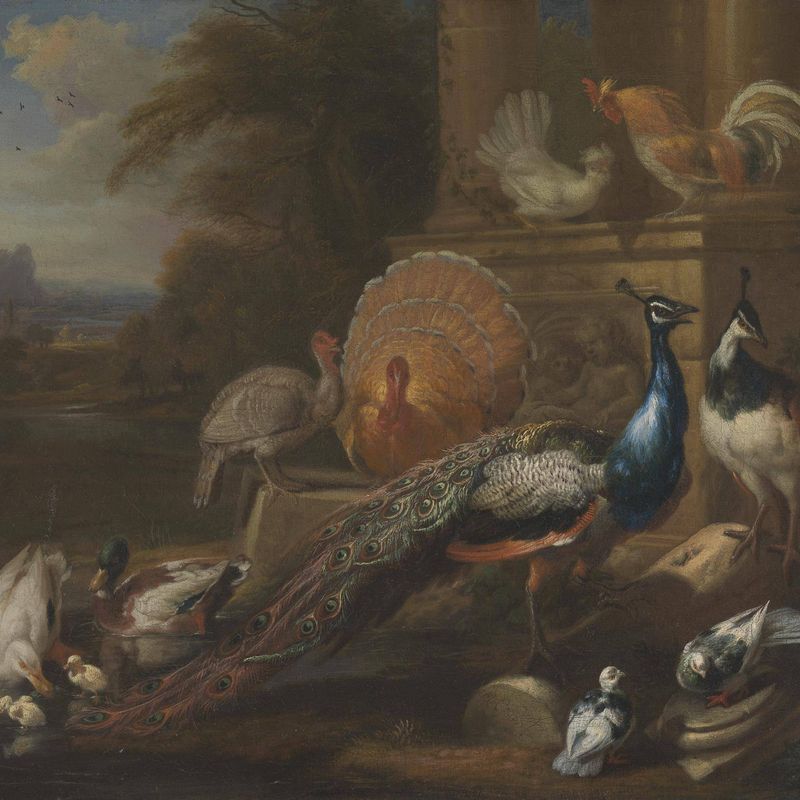 Peacocks, Doves, Turkeys, Chickens and Ducks by a Classical Ruin
