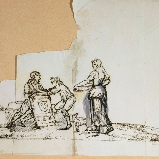 Femme abordant deux hommes affairés à une pierre portant les armes de Chalon