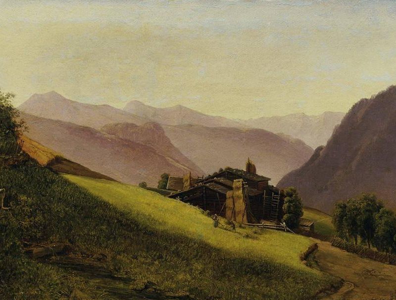 Mountain Landscape with Huts and Haymaking Peasants