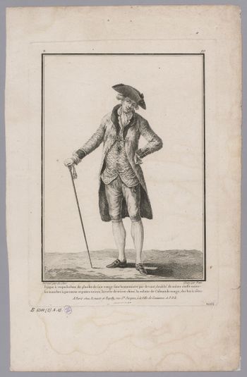 Figure masculine en fraque à col de fourrure, veste chinée, culotte et bas rayés, Galerie des modes, Fonds d'estampes du XVIIIème siècle