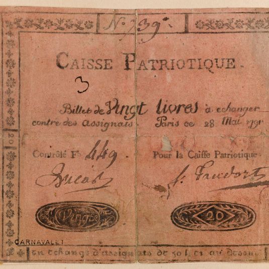 Billet de 20 livres, caisse patriotique du 28 mai 1791, n° 739-3-, F° 449, 28 mai 1791