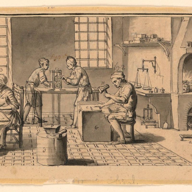 A gold beater's workshop for Diderot's Encyclopedie