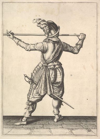 A soldier, seen from the rear, while turning to the right and holding his pike horizontally, from the Lansquenets series, plate 30, in Wapenhandelinghe van Roers Musquetten Ende Spiessen (The Exercise of Arms)