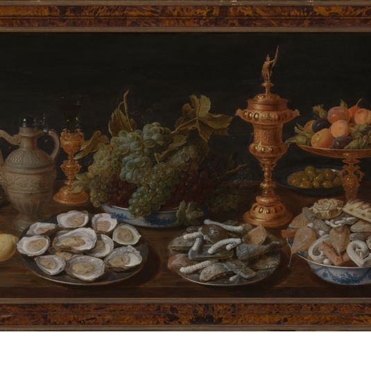 Still life with oysters, fruit and pastry