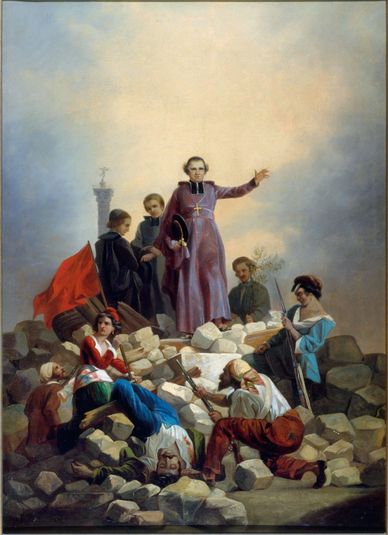Monseigneur Affre sur la barricade, faubourg Saint-Antoine, actuels 11ème et 12ème arrondissements, le 26 juin 1848.