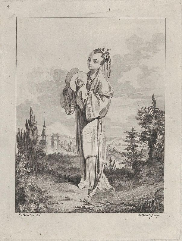 Chinoiserie with a woman holding cymbals, from Suite de Figures Chinoises. . .Tiré du Cabinet de Mr. d'Azaincourt (Series of Chinoiserie Figures. . .From the Chambers of Mr. d'Azaincourt), plate 4