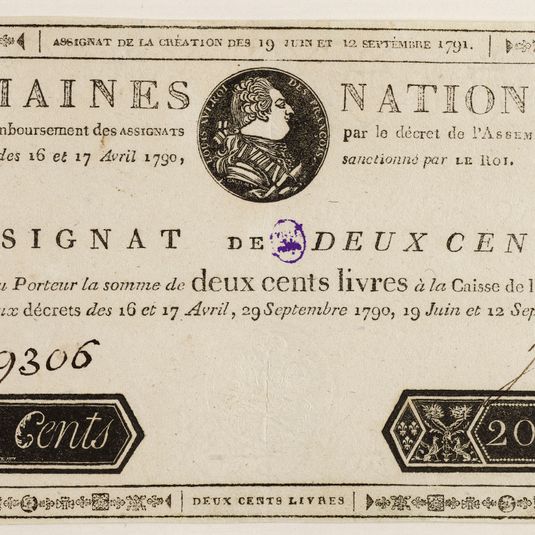 Assignat de 200 livres, C n° 9306, 19 juin et 12 septembre 1791