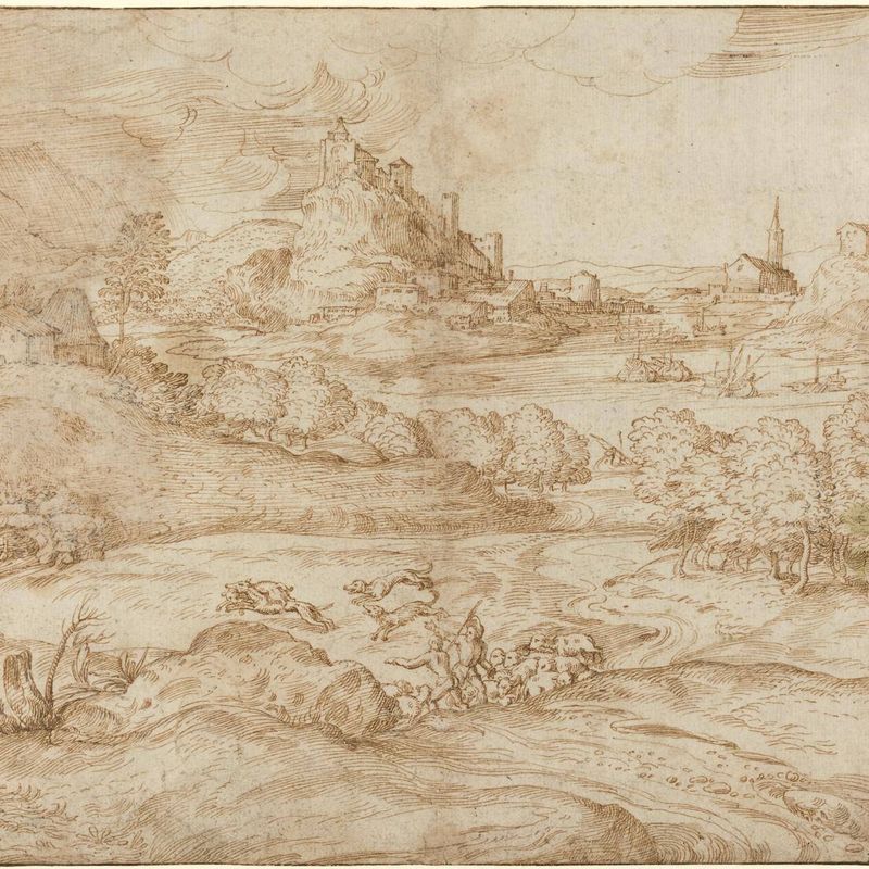 Landscape with Shepherds Driving Away a Wolf