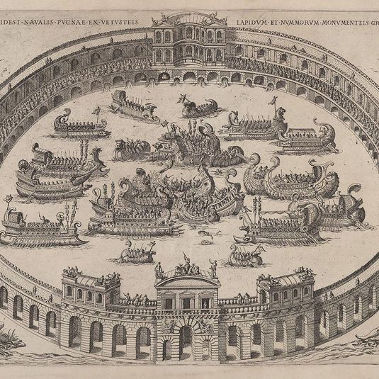 Naval engagement set inside a Roman arena, with the river Tiber and nymphs at lower left and right