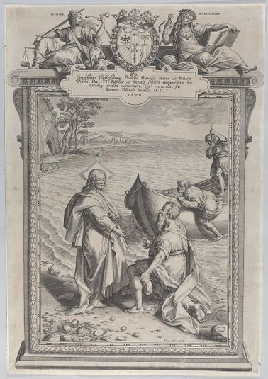Christ calling Saint Andrew, who kneels before him on a beach, and Saint Peter, who climbs out of a boat at right