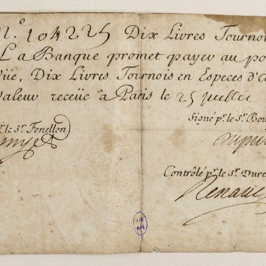 Billet de 10 livres tournois, Banque de Law, n° 104225, 25 juillet 1719