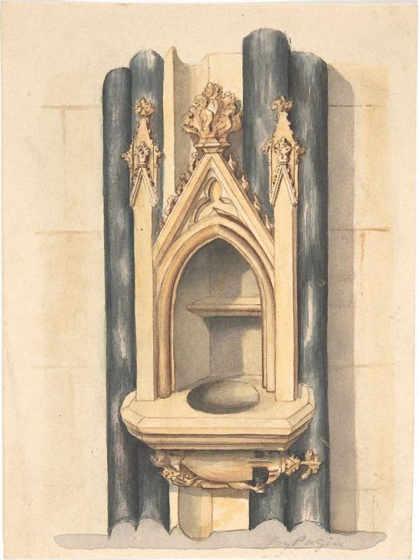 Design for baptismal font set between paired Purbeck marble columns