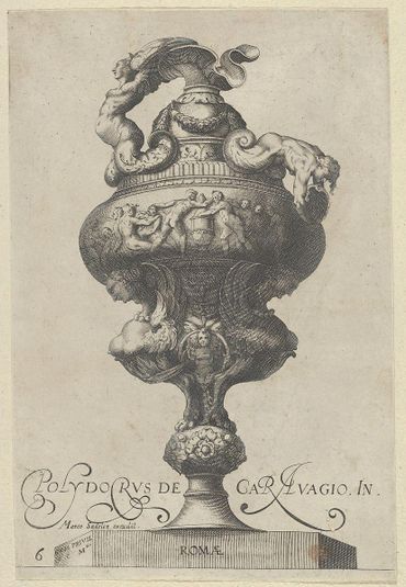 Plate 6: Vase or Ewer with a Frieze Containing Naked Figures, Supported Below by Two Female Sphinxes, from Antique Vases (Vasa a Polydoro Caravagino)