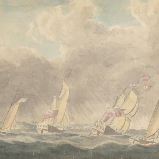 Two Sloops of War, One Barque and One Schooner (?), Sterns Forward, in Heavy Seas; Several Sailing Vessels in Background