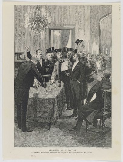 L'élection du 27 janvier [1889]. Le général Boulanger recevant des nouvelles du dépouillement du scrutin.