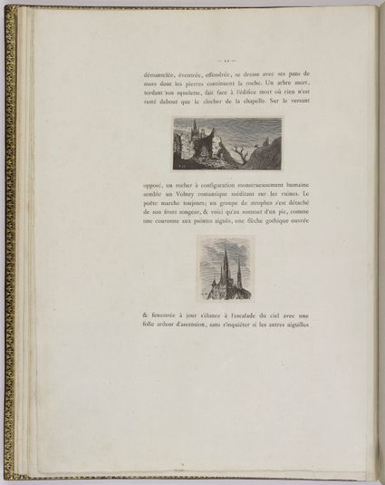 Album Chenay, folio 10 verso, sixième page de texte et deux gravures de dessins de Victor Hugo