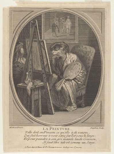 Painting (La Peinture): a monkey seated at an easel, dressed in a robe and beret and holding a painter's palette, a framed painting hanging on the wall beyond