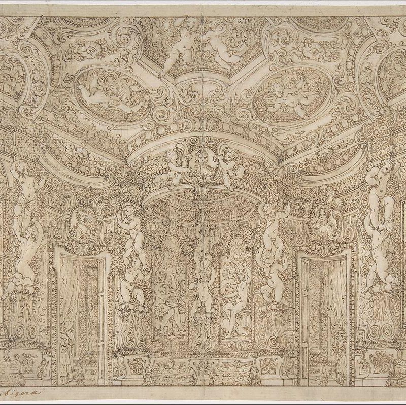 Design for a Stage Set of a Palace Interior Decorated with Putti, Garlands and Three Portrait Medallions