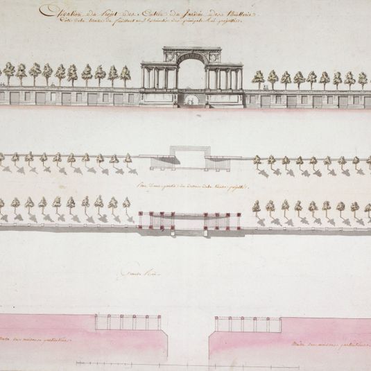 Elévation du projet des entrées du jardin des Tuileries. Côté de la terrasse du Feuillants aux extrémités des principales rues projettées.