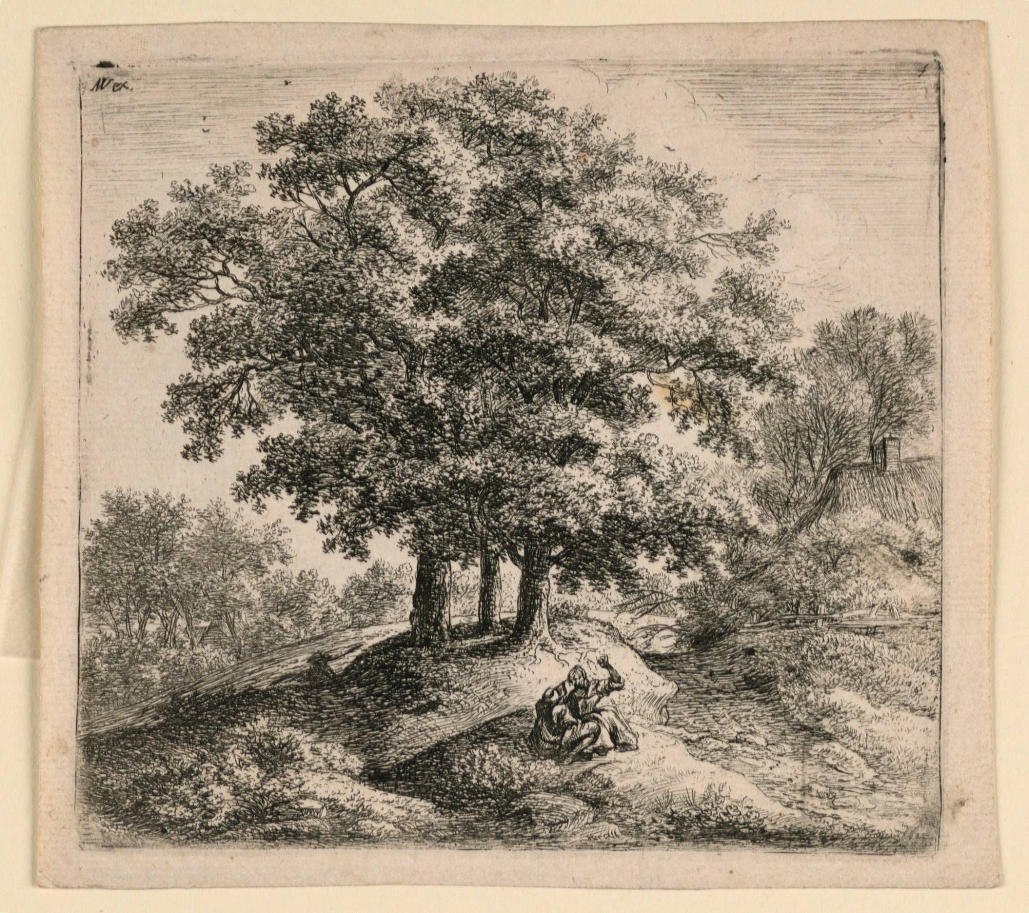 Two Rustics Seated on a Bank Near Three Trees