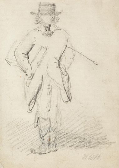 Back View of a Man Standing with a Large Book or Case under his Left Arm and a Stick under his Right Arm