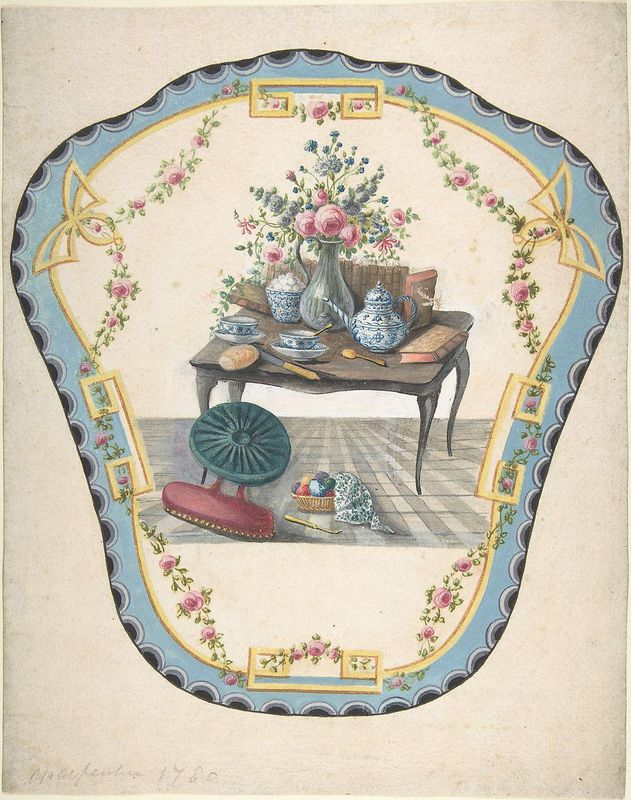 Design for a Firescreen with a Table with a Vase of Flowers, Books, and Teapot