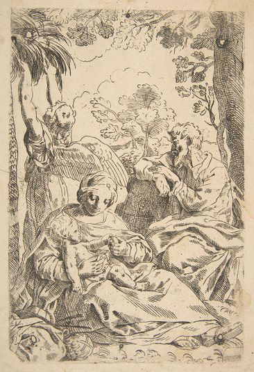 Repose in Egypt, Holy Family seated while an angel pulls at tree branches, copy after Cantarini