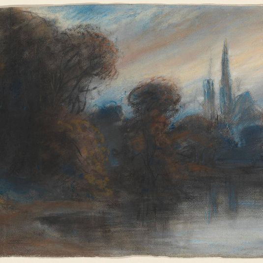 An Abbey by a Wooded Lake at Twilight