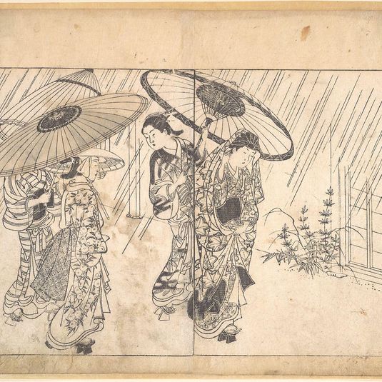 A Lady with Three Attendants in the Rain
