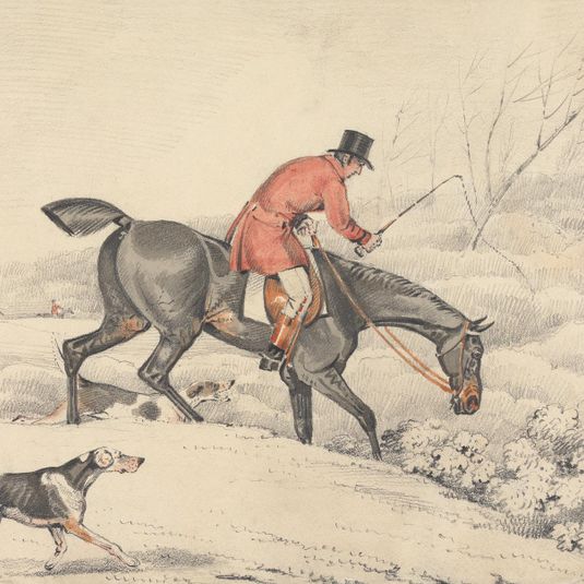 Foxhunting: Rider and a Couple of Hounds Entering a Covert