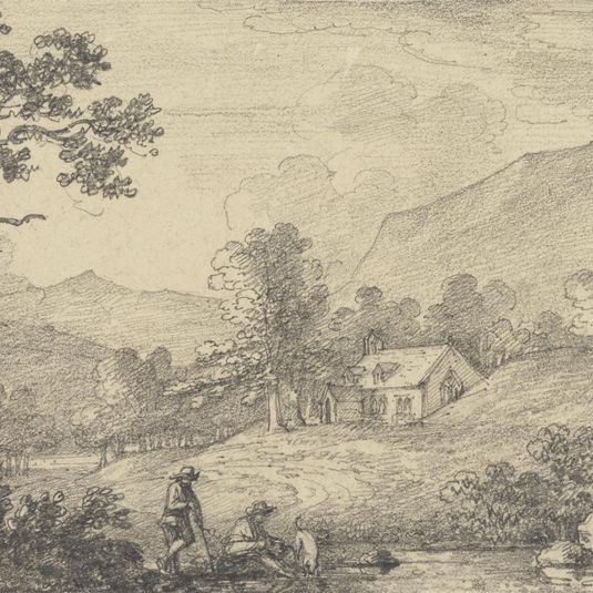 Two Figures by the Side of a Pond and a Church in a Hilly Landscape