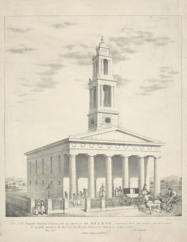 This Northwest Perspective View front Elevation of the New Church of St. George, Camberwell...