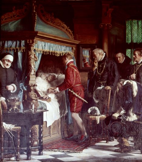 Christian IV visits Chancellor Niels Kaas on his deathbed in 1594