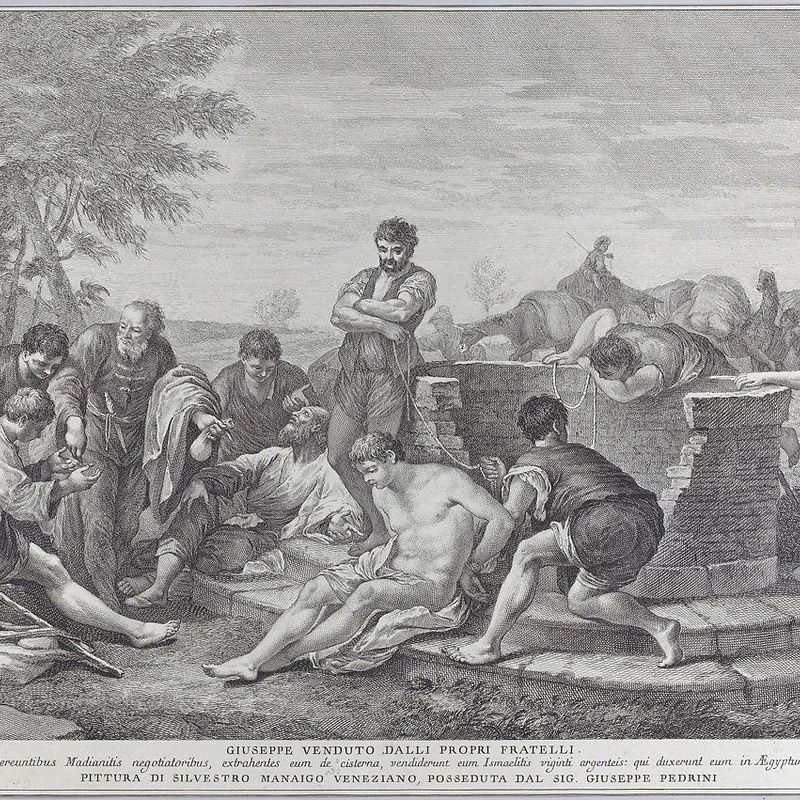 Joseph being sold into slavery by his brothers, who sit around a well dividing up the coins