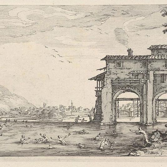 View of bathers and a large building at the right, from the series 'Italian landscapes' (Diverse vedute designate in Fiorenza / Paysages italiens)