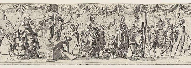 Frieze-like composition of figures walking alongside draped curtains: at left satyrs and children bear a statue of Bacchus on a litter behind an old man (Silenus?), at center two robed satyrs approach a priest, at right Apollo lifts a cup next to satyrs seated at a round table