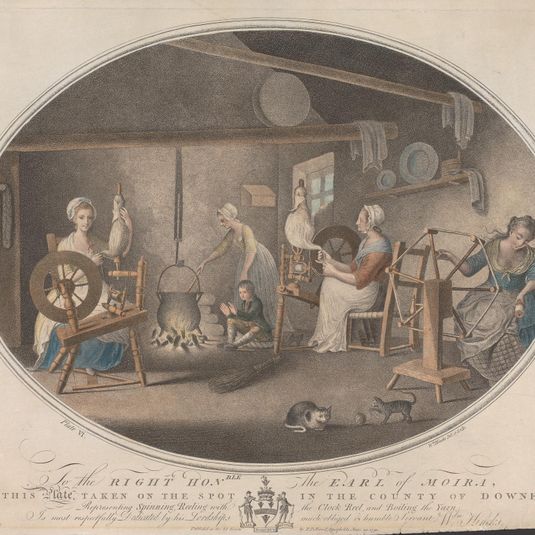 Plate VI: Taken on the Spot in the County of Downe, Representing Spinning, Reeling with the Clock Reel, and Boiling the Yarn