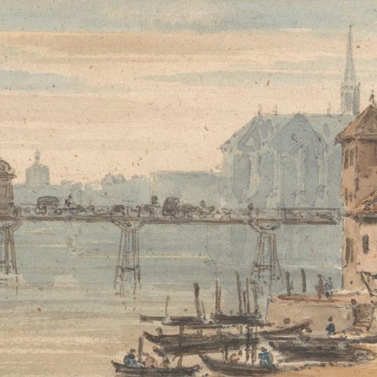 Basel, Bridge Center, Quayside, with Figures and Shipping Right, with Cathedral Rising behind Buildings