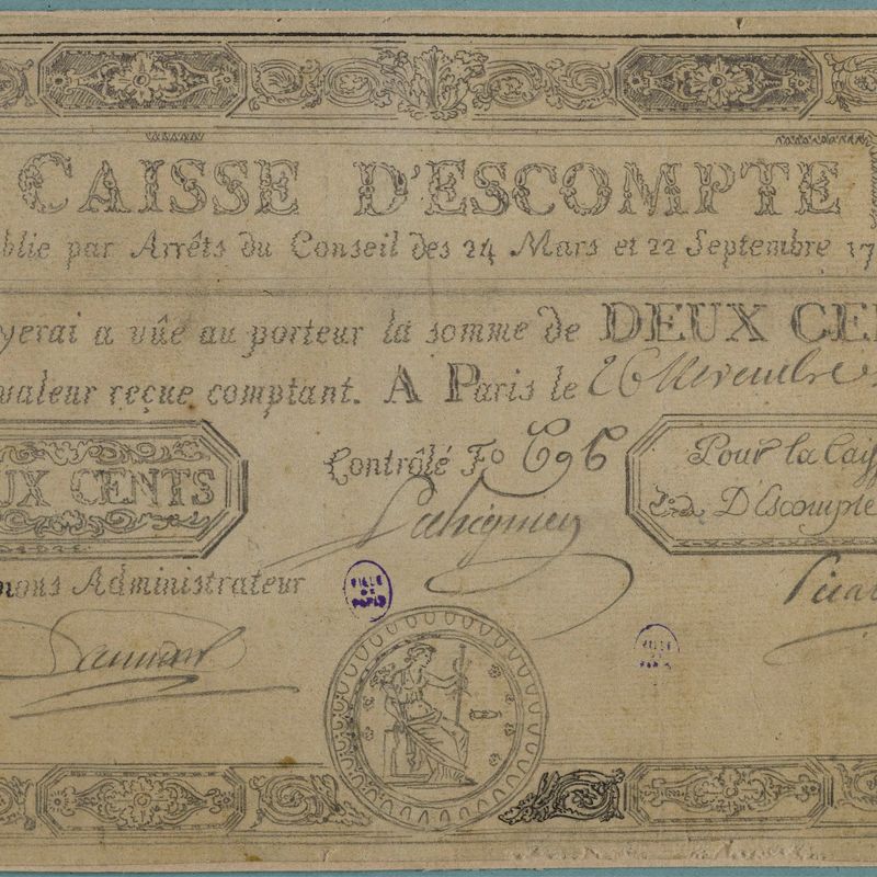 Billet de 200 livres, Caisse d'escompte, n° 574-Y, Contrôle F° 696, 26 novembre 1789