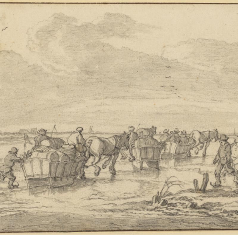A Scene on the Ice with Skaters and Wagons