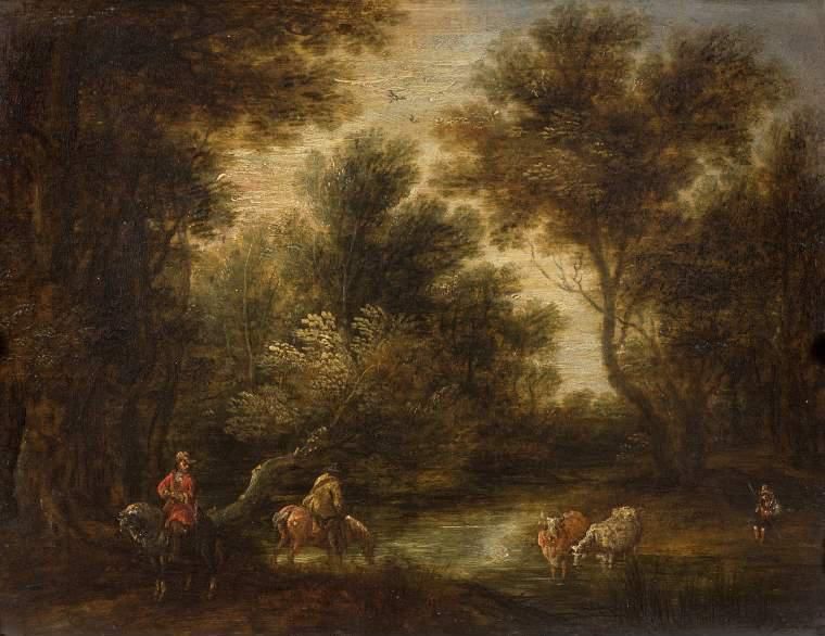 Wooded landscape with stream and figures