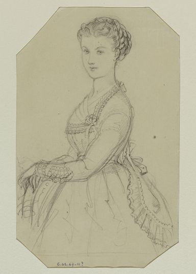 Jeune femme en robe nouée dans le dos avec décolleté carré bordé de volants, Fonds d’archives graphiques de Maurice Leloir