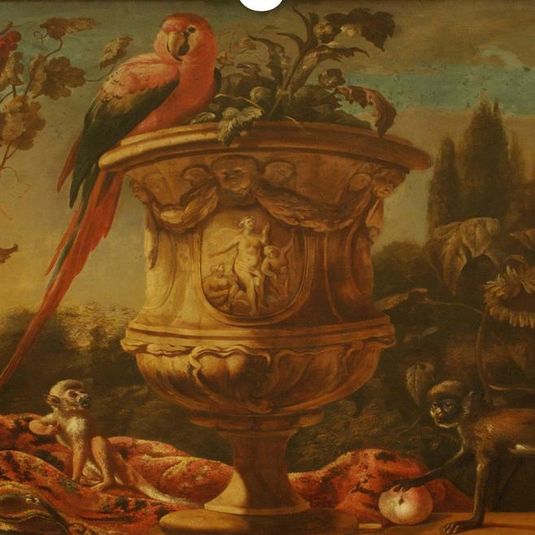 Overdoor with a Vase, Parrot and Monkeys