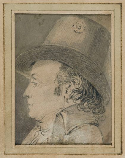 Portrait d'homme portant un chapeau avec une cocarde, profil gauche