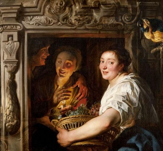 A Maidservant with a Basket of Fruit and Two Lovers
