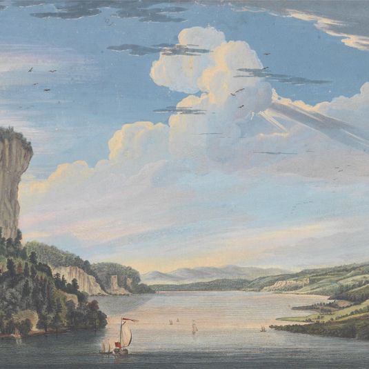 One of Six Remarkable Views in the Provinces of New York, New Jersey and Pennsylvania from SCENOGRAPHI AMERICANA: A View in Hudson's River of the Entrance of what is called the Topan Sea.