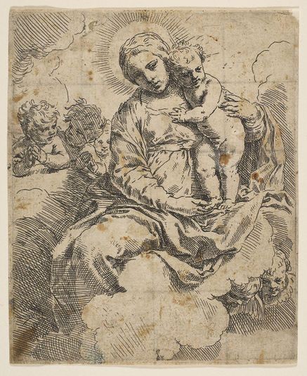 Madonna and Child seated on clouds and surrounded by angels